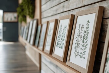 Storage utility optimization concept. Gallery wall featuring framed botanical art in a modern interior setting with wooden accents.