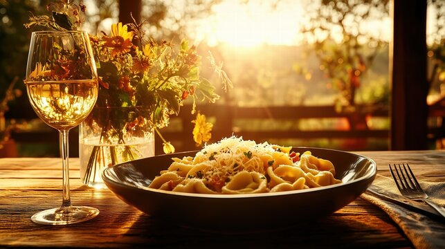 Cappelletti with white wine at sunset creating cozy italian atmosphere