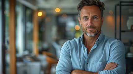 Fototapeta premium Businessman with crossed arms standing confidently, bright modern office background, serious expression, natural lighting, copy space, high contrasty, cinematic, professional photography
