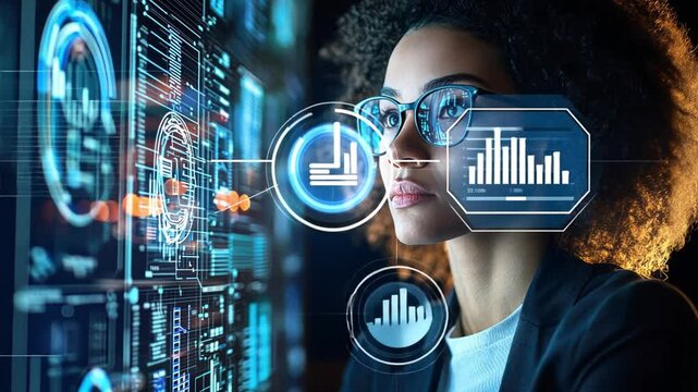 Woman analyzing laboratory forensics data in high-tech research facilities