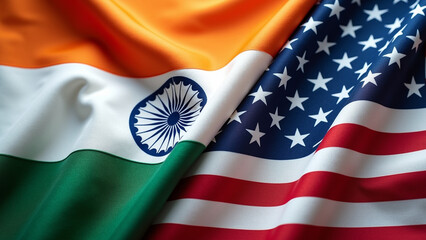 India and USA two flags textile cloth together with fabric texture
