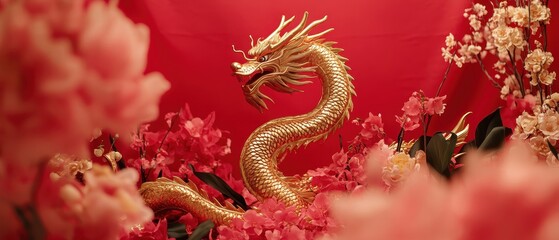 Obraz premium Festive Chinese New Year decorations featuring gold dragon figurines and red fans with pink cherry blossoms