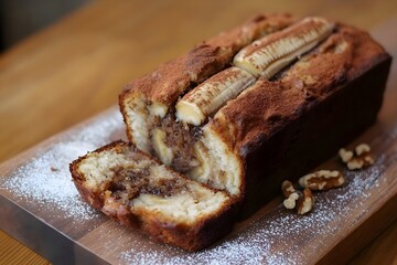 Zoomed-in on banana bread, with walnuts, cinnamon swirls, on a nut-sprinkled wooden board