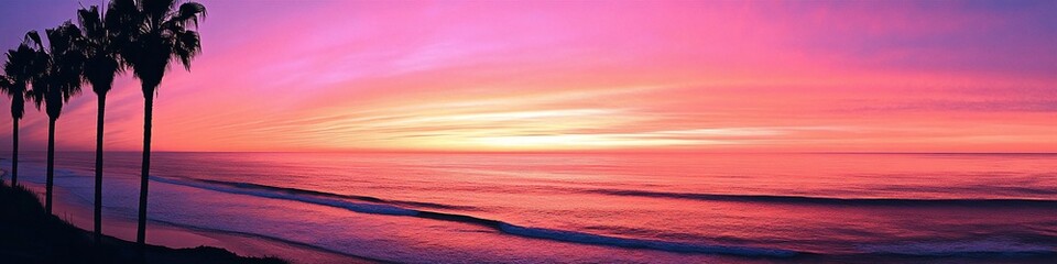 Obraz premium Tropical sunset over ocean with palm trees and vibrant pink orange purple sky
