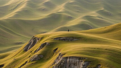 A lone figure stands atop a grassy hill overlooking a vast, undulating landscape of rolling green...