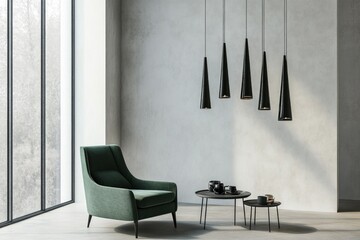 Modern living room with green armchair, black pendant lights, and side tables.