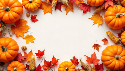 Autumn-themed frame featuring pumpkins, colorful leaves, and wheat, creating a warm and inviting atmosphere. Perfect for seasonal decorations, Thanksgiving, and fall celebrations