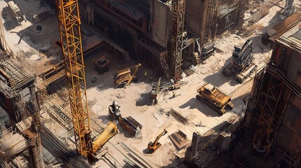 Fototapeta premium Aerial View of Construction Site with Cranes and Machinery in Action