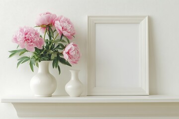 White frame mockup with peony flowers in glass vase on white wall © Musa Galib