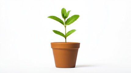 Fototapeta premium A small green plant growing in a terracotta pot on a white background.
