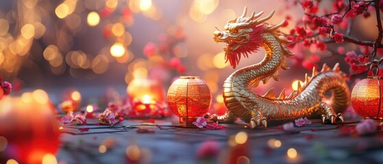 Fototapeta premium Golden dragon sculpture surrounded by red fans and cherry blossoms on a blue background captures cultural elegance