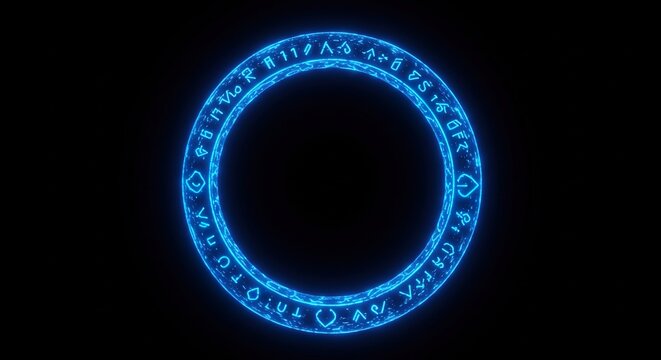 Electric blue energy plasma ring with runes magical symbols, frame Portal with glowing lightning isolated on black background, overlay transparent alpha VFX