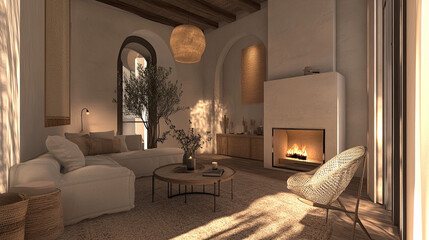 Fototapeta premium Cozy Modern Living Room with Warm Light and Elegant Decor