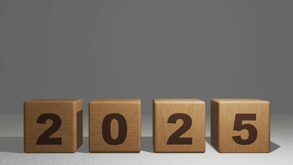 木目のきれいな積木で作った2025、背景はグレー
