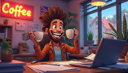 Coffee Break Joy: Cartoon illustration of a happy man enjoying a coffee break at his office desk, laptop open, papers scattered around.  A cheerful and inviting scene. 