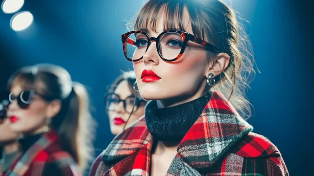 Fashion models showcase stylish glasses during a trendy runway show in a bright venue