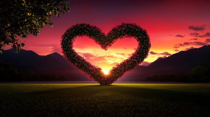 Heart-shaped Bush Silhouette Against a Vibrant Sunset Over Mountains and Green Meadow, Symbolizing Love and Nature's Beauty