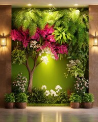 Fototapeta premium Lush Indoor Vertical Garden with Vibrant Bougainvillea and Tropical Ferns Against a Green Wall in a Modern Interior Setting