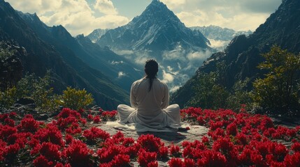 Man meditates amidst Himalayan rhododendrons.