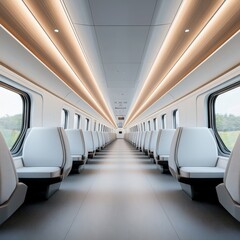 Obraz premium Modern and Sleek Train Interior with Comfortable Seats and Clean Design, Perfect for Travel and Commuting, Showcasing Contemporary Transport Experience