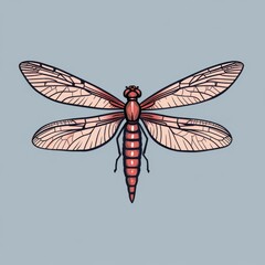 A beautifully illustrated dragonfly with intricate wing patterns and a reddish body, set against a soft blue background.