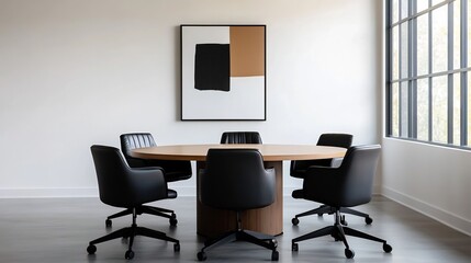 Minimalist and Elegant Meeting Room with Modern Art Backdrop and Large Windows