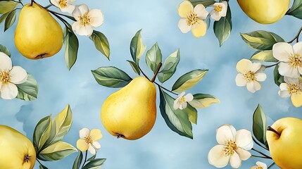 Watercolor pears and apples surrounded by blossoming flowers, arranged on a gradient pastel background, soft and vivid tones, seamless artistic design, hd precision, elegant composition.