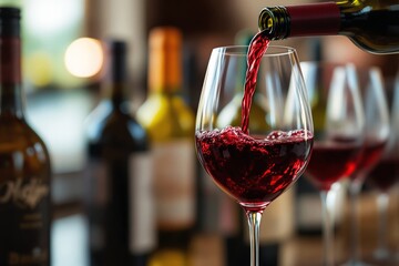 A close-up of red wine being poured into a glass with blurred wine bottles in the background. Warm tones, soft focus. Concept of wine tasting. Ai generative
