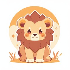 Fototapeta premium A cute cartoon lion with a friendly expression, sitting against a warm, circular background with stars, embodying a playful and adorable design.