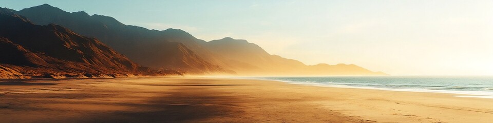 Golden sunrise over a tranquil beach with majestic mountains and calm ocean views