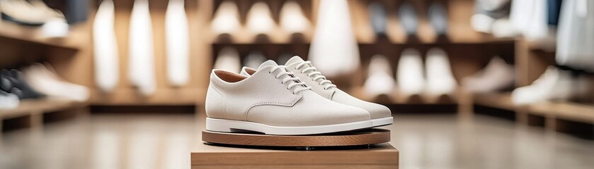 Storage utility optimization concept. Stylish sneaker displayed prominently in a modern retail environment, surrounded by various footwear options on shelves.