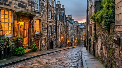 Old Town Charm: A cobblestone street winds gently through a historic town, framed by weathered stone buildings with warm, inviting lights, and lush greenery.