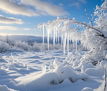 Winter panorama landscape with a snow-covered forest and trees at sunrise. A winter morning marking the beginning of a new day. Winter landscape with sunset, panoramic view - Powered by Adobe