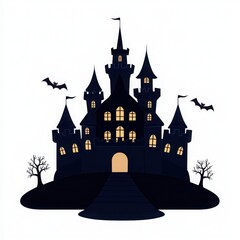 Obraz premium Haunted castle silhouette with bats on a white isolated background.