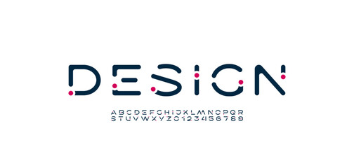 Font alphabet creative modern with red dots, letters A, B, C, D, E, F, G, H, I, J, K, L, M, N, O, P, Q, R, S, T, U, V, W, X, Y, Z and numerals 0, 1, 2, 3, 4, 5, 6, 7, 8, 9, vector illustration 10EPS.
