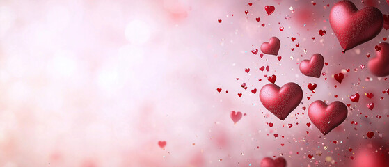 Obraz premium Valentine banner template on pastel pink background with symbol of heart balloons and confetti. Valentine's Day concept