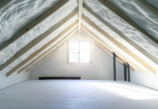 A photograph of an attic with polystyrene foam pouring from the roof, white and wooden beams visible, an empty room without furniture, white walls, no windows, a small air conditioner on the wall,