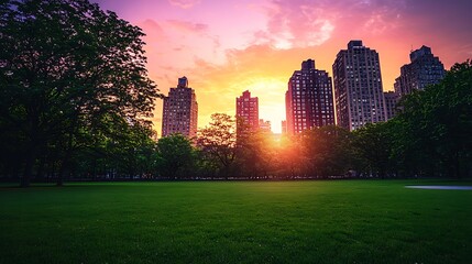 Obraz premium Serene urban park landscape with a dramatic sunset glowing behind city skyscrapers