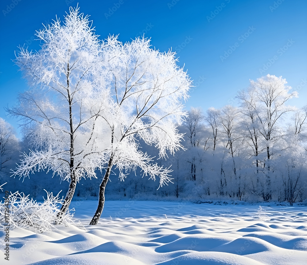 Poster Winter panorama landscape with a snow-covered forest and trees at sunrise. A winter morning marking the beginning of a new day. Winter landscape with sunset, panoramic view