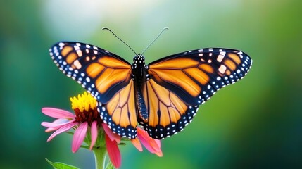 Fototapeta premium A vibrant monarch butterfly perched on a colorful flower.