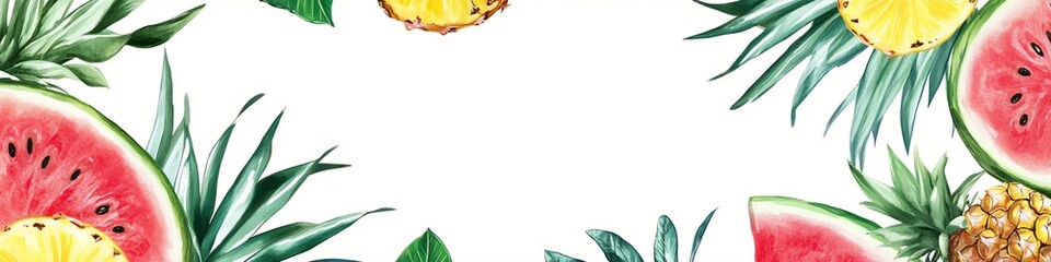 Obraz premium Vibrant summer fruit illustration with watermelon pineapple and lush green leaves