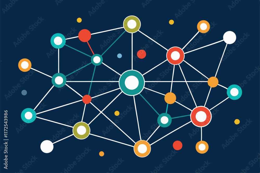 Poster this artwork features a network of vibrant circular nodes interconnected with lines, symbolizing com