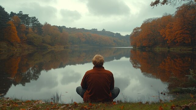 Man meditates by autumn lake, serene forest reflection. Use Relaxation, mindfulness.