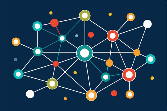 This artwork features a network of vibrant circular nodes interconnected with lines, symbolizing communication, A minimalist depiction of connectivity and knowledge sharing online