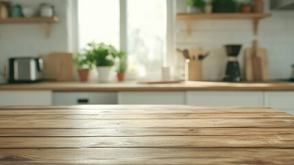 A cozy kitchen scene featuring a wooden table with lush plants and bright sunlight.