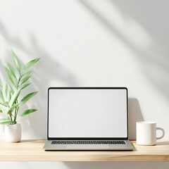 Fototapeta premium Modern Minimalist Workspace with a Blank Laptop Screen, Potted Plant, and Soft Shadows on a Neutral Wall Background for Creative Inspiration