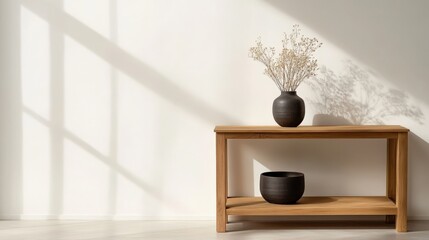A minimalistic wooden table with black vases showcasing elegant decor and natural light.