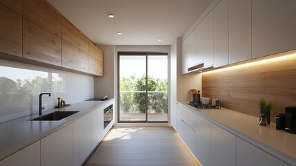 Fototapeta premium A modern kitchen interior featuring sleek design and natural lighting.
