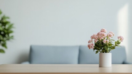 A serene living space with a vase of pink flowers on a wooden table, inviting freshness.
