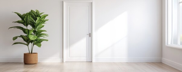 Bright and airy interior featuring a white door and a lush green plant in a pot.